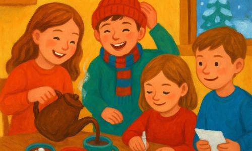 Louisa, une fille de 8 ans, est assise à une grande table en bois, ses yeux pétillants de joie. Elle verse du chocolat chaud dans des tasses colorées. À côté d'elle, Léon, 9 ans, ajuste son bonnet rouge en riant. Margot, 8 ans, décore des biscuits en forme d'étoile, concentrée et souriante, assise en face de Louisa. Sacha, 8 ans, est debout à côté de la table, prêt à écrire une chanson. La cuisine est chaleureuse et accueillante, ornée de guirlandes dorées et donnant sur un jardin enneigé. La scène principale montre un moment de partage et de rires autour de la préparation du chocolat chaud, avec des guimauves fondantes et des biscuits étoilés, dans une ambiance douce et festive.