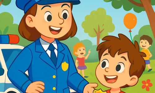Capitaine Zoé, souriante avec un chapeau bleu vif et une veste brillante, se tient à côté de sa voiture de police. Elle a des yeux pétillants et un grand sourire, montrant son enthousiasme pour son métier. À ses côtés, Léo, un petit garçon d'environ 6 ans avec des cheveux bruns en désordre et un t-shirt rouge, admire le badge de petit policier que Capitaine Zoé lui a donné. La scène se déroule dans un parc ensoleillé, entouré de verdure et de fleurs colorées. Des enfants jouent autour, certains s'approchant de Capitaine Zoé pour poser des questions. Elle explique avec enthousiasme son métier à Léo, qui écoute attentivement, les yeux brillants d'émerveillement, entouré d'autres enfants captivés par ses histoires de courage et de gentillesse.