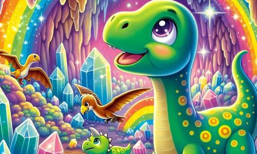 Un jeune diplodocus nommé Dippy, avec un long cou vert et des taches jaunes, exprime curiosité et joie en explorant une grotte arc-en-ciel. Ses grands yeux brillent d'émerveillement alors qu'il admire les cristaux scintillants. À ses côtés, Terry, un ptérodactyle aux ailes brunes, vole joyeusement en créant des jeux de lumière. Un peu en arrière, Trixie, un tricératops vert, observe des empreintes de dinosaures sur la paroi de la grotte, souriant timidement. La grotte est colorée, remplie de cristaux brillants qui projettent des reflets lumineux, et Dippy et ses amis découvrent la magie de cet endroit mystérieux.