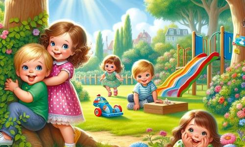 Mila, une petite fille de 2 ans aux cheveux bouclés et au grand sourire, se cache derrière un arbre. Elle porte une robe rose à pois blancs et des sandales jaunes. À côté d'elle, Léo, 3 ans, est accroupi sous un banc avec un avion en plastique. Zoé, 3 ans, se cache parmi des fleurs colorées, et Tom, 3 ans, rigole dans une boîte à jouets. La scène se déroule dans un parc ensoleillé avec des arbres, des fleurs et un toboggan coloré. Les enfants jouent à cache-cache, riant et s'amusant dans ce lieu magique.