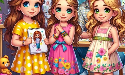 Deux petites filles, Sophie et Léa, âgées de six ans, se tiennent au centre de la scène. Sophie porte une robe jaune à pois et un bracelet coloré, tandis que Léa est vêtue d'une robe rose à motifs de fleurs. Elles se sourient, tenant chacune un dessin. Leur maman, aux cheveux bruns en chignon, et leur papa, souriant avec une barbe légère, sont présents, entourés de couleurs vives dans une pièce lumineuse décorée de dessins d'enfants. La famille discute, les enfants partageant leurs créations avec enthousiasme, créant une atmosphère d'amour et de compréhension.
