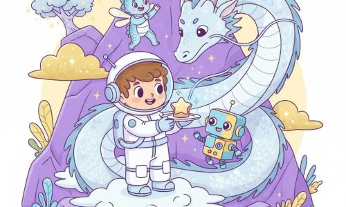 Max, un astronaute souriant aux cheveux bruns en broussaille, tend un petit gâteau scintillant sur une assiette à un immense dragon de brume aux écailles argentées translucides ; à ses côtés flotte Pixel, un petit robot cubique bleu et jaune aux yeux LED joyeux projetant une lueur holographique sur le gâteau, tandis que Lumo, un petit Zoraxien aux écailles iridescentes et ailes translucides, danse et applaudit. La scène se déroule sur une montagne violette aux rochers arrondis, nuages dorés et végétation fluorescente avec un arbre argenté lointain ; l'atmosphère est chaleureuse et magique, aux couleurs pastel lumineuses et à l'éclairage doux, composition centrée et claire pour les enfants.