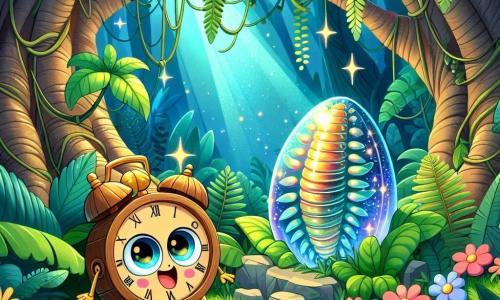 Tempus, une petite horloge en bois aux aiguilles dorées, se trouve au centre d'une jungle préhistorique luxuriante, ses yeux ronds brillants d'excitation. Elle est entourée de feuilles géantes et de fleurs éclatantes, éclairée par un rayon de lumière bleutée. À proximité, un trilobite géant, intrigué par Tempus, montre une curiosité amusée. Plus loin, un œuf immense, aux teintes chatoyantes, repose sur un lit de feuilles, émettant une douce lueur dorée. La jungle est dense, avec des arbres épais et des lianes, créant un cadre mystérieux. Tempus, prête à explorer, est entourée par la promesse d'une aventure incroyable.