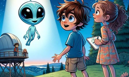 Un garçon de 11 ans, Julian, se tient au sommet d'une colline verdoyante, émerveillé par une créature extraterrestre. À ses côtés, Léa, une fille de 11 ans aux cheveux bouclés, sourit en tenant un carnet de croquis. La scène se déroule dans un observatoire rustique, entouré d'arbres, sous un ciel étoilé. Au centre, Zephyr, une petite créature extraterrestre bleu-argenté avec de grands yeux et un sourire amical, flotte en émettant une douce lueur. Julian et Léa s'approchent de lui, créant une atmosphère de curiosité et d'amitié intergalactique.