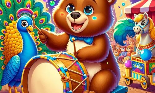Un ours brun nommé Barnabé, joyeux, joue de son tambour en bois, souriant et brillant de bonheur. Il est assis sur une estrade, entouré de lumières scintillantes et de confettis. À côté de lui, un paon majestueux se pavane fièrement, tandis qu'un poney aux crins dorés, tirant un chariot décoré de fleurs, regarde Barnabé avec curiosité. La scène se déroule sous un chapiteau de cirque aux rayures rouges et blanches, rempli de spectateurs émerveillés, applaudissant avec enthousiasme. Barnabé joue une mélodie entraînante qui fait danser le public, tandis que des bulles multicolores flottent autour de lui, créant une atmosphère magique.