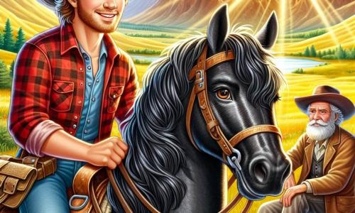Dans une vallée ensoleillée, un cow-boy nommé Jake, d'environ 30 ans, est sur son cheval Tornado, un mustang noir. Il porte un chapeau de feutre, une chemise en flanelle rouge et un jean usé, affichant un sourire d'excitation. Ses yeux brillent d'aventure en regardant les montagnes dorées au loin. À proximité, un vieux prospecteur d'environ 60 ans, assis sur un rocher, tient une vieille carte et observe Jake avec un sourire bienveillant. Le décor est une prairie colorée avec des collines verdoyantes et des montagnes majestueuses illuminées par le soleil couchant. Jake est prêt à partir à l'aventure avec son fidèle Tornado, tandis que le prospecteur lui remet la carte, symbolisant le début d'une quête épique.