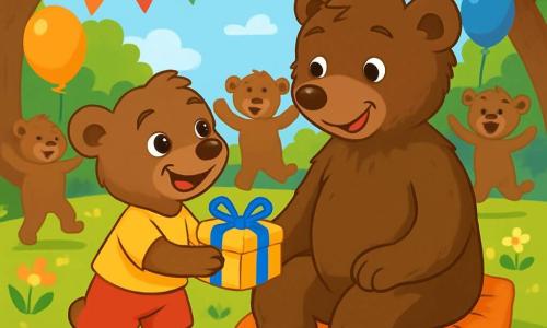 Petit Ours Brun, un ourson aux poils bruns et doux, se tient dans une forêt verdoyante, avec des yeux pétillants de joie et un grand sourire. Il tient une boîte décorée d'un ruban bleu, prêt à offrir un cadeau spécial à son papa. À ses côtés, Papa Ours, un grand ours au pelage brun foncé, regarde son fils avec amour et fierté, assis sur un coussin moelleux, entouré de guirlandes colorées et de ballons. La clairière ensoleillée est remplie de fleurs éclatantes et de feuilles vertes, où d'autres ours dansent et chantent joyeusement. Petit Ours Brun est excité de révéler son cadeau à Papa Ours, tandis que les autres ours créent une atmosphère festive.