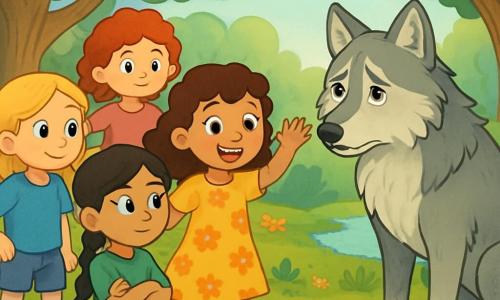 Cinq personnages sont présents : Clara, une fille de 10 ans aux cheveux bruns et bouclés, souriante au centre avec une robe jaune ; Lila, à gauche, avec des cheveux blonds et un t-shirt bleu, curieuse face au loup ; Jade, à droite, avec des cheveux noirs en tresse et une tunique verte, montrant de la prudence ; Zoé, derrière Clara, avec des cheveux roux et une robe rose, affichant un air déterminé. Le loup, majestueux avec un pelage argenté, se tient devant elles, triste mais plein d'espoir. L'action se déroule dans une clairière enchantée au cœur d'une forêt magique, entourée d'arbres et de fleurs, avec un ruisseau à proximité. Les filles, bien que nerveuses, sont déterminées à aider le loup à briser sa malédiction.