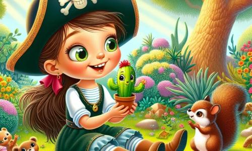 Une petite fille de 8 ans, avec de longs cheveux bruns et des yeux curieux, est assise dans l'herbe du jardin. Elle porte un chapeau de pirate en papier, sourit et tient un cactus en plastique nommé Cactusou. À côté d'elle, un écureuil nommé Émile, espiègle et vif, se tient sur ses pattes arrière, prêt à l'aider. Le jardin est rempli de fleurs colorées et un grand arbre majestueux se dresse en arrière-plan. Léa et Émile cherchent Cactusou, affichant détermination et excitation, tandis que des rayons de soleil créent une ambiance chaleureuse.
