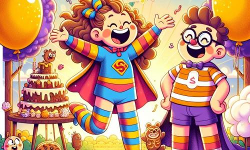 Super-Chaussette, une femme souriante aux cheveux bouclés et à la cape colorée, porte des chaussettes dépareillées qui brillent. Elle saute joyeusement, les bras ouverts, avec un grand sourire. À ses côtés, Monsieur Blague, un garçon aux lunettes rondes et aux cheveux en bataille, rit en tenant un énorme gâteau de blagues. La scène se déroule dans un parc ensoleillé, décoré de guirlandes lumineuses et de ballons colorés, avec des tables remplies de biscuits au chocolat. Super-Chaussette et Monsieur Blague organisent une fête pour les Tracas-Trucs, entourés de créatures amusantes qui s'approchent des friandises.