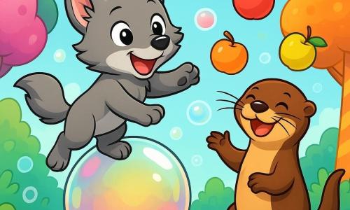 Léo, un petit loup au pelage gris et aux yeux curieux, saute sur une bulle géante, émerveillé. À ses côtés, sa meilleure amie Louna, une loutre malicieuse au pelage brun, jongle avec des pommes colorées, souriante. Ils se trouvent dans une forêt enchantée, où des arbres ressemblent à des sucettes et des bulles scintillantes flottent, créant une ambiance magique. Ils s'amusent dans la Cour des Bulles, entourés de bulles colorées, prêts à franchir une bulle dorée qui s'ouvre vers un monde merveilleux.