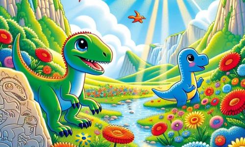 Un vélociraptor nommé Vivien, avec un plumage vert éclatant et des yeux curieux, explore un sentier secret dans la vallée des dinosaures. Joyeux, il observe son environnement avec émerveillement. À ses côtés, Dino, un petit diplodocus bleu, s'approche des fleurs colorées, souriant. La vallée ensoleillée est remplie de grandes fleurs dansantes et d'un ruisseau scintillant, créant une ambiance magique. Vivien et Dino découvrent des dessins anciens de dinosaures gravés sur un rocher, captivés par cette merveille, sous la lumière du soleil.