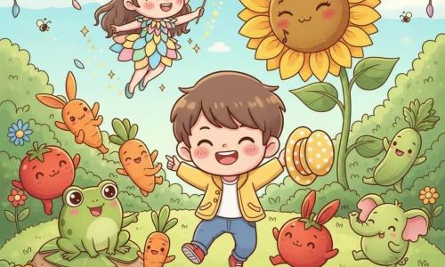 Un garçon de 4 ans joyeux, cheveux bruns courts, veste jaune et chaussures rouges, tient un chapeau à pois et saute au centre d'un jardin enchanté en plein jour ; la fée Paillette, jeune, en robe de pétales pastel et ailes translucides, vole au-dessus en agitant une baguette qui laisse des poussières dorées ; Gigi la grenouille verte, ronde, rit assise sur un nénuphar et pointe une carotte dansante ; un grand tournesol anthropomorphe souriant se penche protecteur derrière eux tandis que des légumes-animaux colorés dansent autour (carottes sautantes, tomates-lapins, courgettes-« éléphants ») ; ambiance festive et ludique, couleurs vives, silhouettes rondes, traits doux, composition centrée et accueillante pour les enfants.