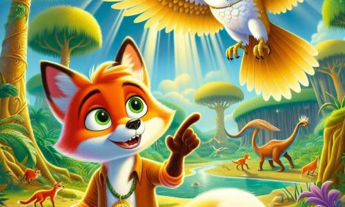 Félix, un jeune renard rusé au pelage orange vif et aux yeux curieux, se tient au centre, émerveillé par un collier mystérieux brillant autour de son cou. À ses côtés, Orphée, un hibou majestueux aux plumes dorées et aux yeux sages, flotte en souriant et pointe vers un paysage préhistorique fascinant. En arrière-plan, une jungle luxuriante s'étend, remplie d'arbres géants et de dinosaures broutant paisiblement dans une clairière ensoleillée. Félix, captivé par la magie du collier, est prêt à s'élancer dans une nouvelle aventure à travers le temps, tandis qu'Orphée lui explique les merveilles à découvrir ensemble.
