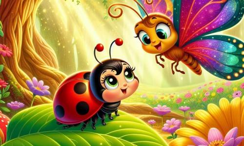 Une petite coccinelle nommée Lila, avec des ailes rouges éclatantes et des pois noirs, se tient sur une feuille verte, prête à s'envoler à la recherche d'un précieux pétale d'or. À ses côtés, un papillon majestueux aux ailes multicolores l'encourage en battant des ailes. La scène se déroule dans une forêt enchantée, baignée de lumière dorée, entourée de grandes fleurs colorées et d'un vieux chêne majestueux. Lila et le papillon s'apprêtent à partir ensemble, symbolisant l'amitié et le courage dans cette forêt pleine de vie.
