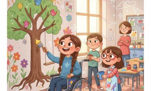 Une fillette de 6 ans, joyeuse et fière, sourit en peignant un arbre sur le mur de la classe ; elle a de longs cheveux bruns en tresse, un pull bleu et est assise dans un fauteuil roulant coloré, pinceau jaune à la main et peinture sur les doigts. Mila, environ 6 ans, lunettes rouges, souriante, lui tend un pot de peinture bleu et un tablier, tandis que Sami, garçon malicieux d’environ 6 ans, apporte un pot de peinture rouge depuis l’arrière. La maîtresse, vers 35 ans, souriante et bienveillante, observe la scène. La classe est lumineuse, murs couverts de dessins, une grande fenêtre laisse entrer le soleil ; la fresque montre déjà des oiseaux, un grand soleil et des fleurs, et la fillette peint au centre un arbre aux grosses racines avec une balançoire, dans une ambiance chaleureuse et collaborative aux couleurs vives.
