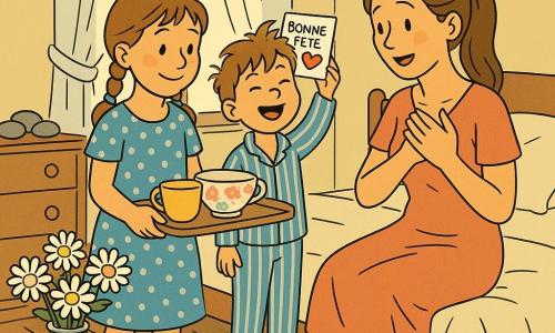 Une fillette de 10 ans, châtain clair en tresses, robe à pois bleus, sourit timidement en tenant un plateau avec un bol à fleurs et une tasse; son petit frère de 6 ans en pyjama rayé, cheveux en bataille, présente une carte dessinée, fier et malicieux; leur mère d'environ 35 ans, cheveux longs attachés, assise sur le lit, les yeux humides de joie et les mains sur la poitrine, découvre le petit-déjeuner et les dessins dans une chambre lumineuse au matin (rideaux blancs laissant passer une lumière dorée, vieux plancher, commode avec galets peints en cœur et guirlandes en papier), bouquet de pâquerettes, galets peints et carte bien visibles au premier plan.