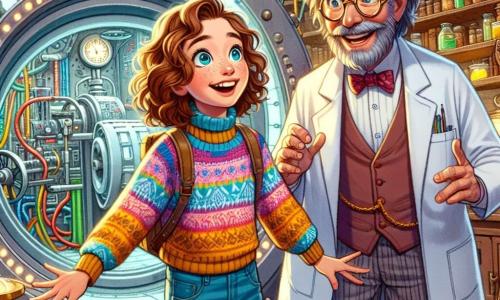 Émilie, une fille de 11 ans aux cheveux châtains bouclés et aux yeux curieux, se tient devant une immense capsule argentée de voyage dans le temps. Elle porte un pull coloré et un jean, son visage rayonnant d'excitation alors qu'elle s'apprête à entrer dans la machine. À ses côtés, le Dr Lemoine, un homme excentrique d’environ 50 ans, avec des cheveux ébouriffés et des lunettes rondes, sourit avec enthousiasme, expliquant le fonctionnement de la machine dans sa blouse de laboratoire blanche. Le laboratoire est fascinant, rempli de machines à vapeur, de câbles colorés, d'écrans clignotants, de livres anciens et d'instruments scientifiques, créant une ambiance d'anticipation et de magie. Émilie est prête à faire le grand saut dans le temps, encouragée par le Dr Lemoine.