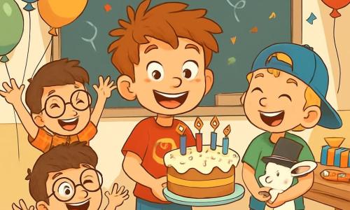 Quatre enfants célèbrent un anniversaire : Paul, 9 ans, au centre avec un gâteau, Lucas à gauche levant les bras, Sam à droite tenant un lapin blanc, et Tom derrière mimant un dragon. La salle de classe est décorée de ballons et de banderoles, avec un tableau souhaitant « Joyeux Anniversaire Paul ! ». Tous rient et jouent, créant une ambiance joyeuse et magique.
