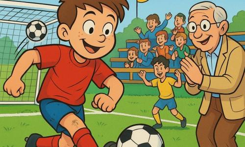 Max, adolescent au visage rond et souriant, cheveux châtain courts, passe précise du pied droit, corps penché, maillot rouge froissé et taches d'herbe aux genoux; M. Bernard, ~65 ans, cheveux gris et lunettes rondes, applaudit en bord de terrain en veste beige; un coéquipier de 14 ans, cheveux noirs en bataille, marque en extension au second plan, bras levés; amis et supporters sur des gradins en bois colorés avec drapeaux bleus et jaunes, enthousiastes; pelouse verte intense aux lignes blanches nettes, but en métal blanc, herbe légèrement écrasée près des marques, ciel bleu clair parsemé de nuages; ambiance lumineuse, couleurs saturées façon dessin animé des années 90, contrastes marqués et contours noirs épais; moment décisif et joyeux où la passe de Max conduit au but victorieux et à la célébration collective.