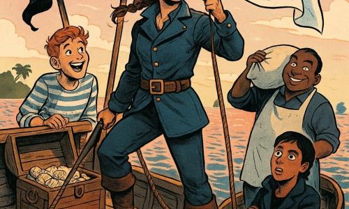 Capitaine Maëlys, visage bronzé tacheté de rousseur, cheveux bruns tressés avec mèches rebelles, veste de cuir bleu marine à boutons en laiton et bottes usées, se tient droite au mât, abaissant un pavillon noir et hissant un pavillon blanc brodé d’un serpent bleu, regard calme vers l’horizon; à ses côtés Nils, jeune homme d’environ 18 ans, taches de rousseur et chemise rayée, rit et l’admire appuyé au bastingage près d’un coffre de bois rempli de coquillages; Sacha, ~35 ans, à l’air malicieux et au tablier poudreux, porte un sac de farine sur l’épaule sur le pont; Irena, femme de 35–40 ans aux cheveux courts et manteau sombre, bras croisés sur le canot voisin, montre surprise et soulagement en voyant le pavillon blanc; pont en bois rainuré avec cordages et gouttes de mer, aube rose pâle, mer calme aux reflets dorés, un navire sombre au loin et une île palmée à l’horizon — moment de paix et de réconciliation centré sur la capitaine, contrastes entre ombres du pont et lumière douce de l’aube.
