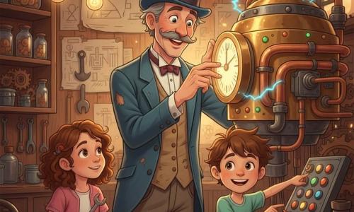 Monsieur Victor, moustache grise soignée et chapeau haut de forme bleu, sourit émerveillé en ajustant un grand cadran lumineux sur une machine brillante, les mains couvertes de traces d'huile; à sa gauche Clara, 9 ans, cheveux bouclés châtain, tient une petite clé à molette et regarde la machine avec curiosité; à droite Lucas, 9 ans, cheveux bruns en bataille, pointe un panneau de boutons colorés; l'atelier chaleureux, encombré d'étagères, outils et plans griffonnés, est baigné d'une lumière chaude; la machine à voyager dans le temps, en laiton poli avec cadrans ronds, tuyaux de cuivre, éclairs bleus et voyants clignotants, dégage une atmosphère magique et mécanique, promettant l'aventure.