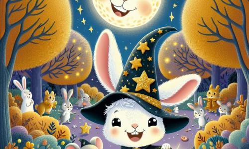 Un jeune lapin nommé Loulou, avec de longues oreilles et une fourrure blanche éclatante, se tient au centre de la scène, souriant de joie. Il porte un petit chapeau de sorcier noir orné d'étoiles dorées. À ses côtés, sa meilleure amie, Mimi, une petite souris grise avec de grands yeux, sourit en tenant une lanterne en forme de citrouille. Le décor est un Parc des Merveilles, rempli de citrouilles grimaçantes et de lanternes scintillantes, sous un ciel étoilé. Des arbres aux feuilles dorées et des buissons colorés créent une atmosphère magique. Loulou et Mimi rient ensemble, prêts à partir à la chasse aux bonbons, entourés d'autres animaux déguisés, impatients de vivre l'aventure d'Halloween.