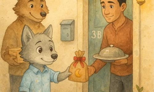Petit Loup, jeune loup anthropomorphe au pelage gris clair et aux grands yeux noisette, tend un petit sachet en papier brun décoré d’un ruban rouge contenant des biscuits en forme de lune ; derrière lui, Papa Loup, grand et rassurant au pelage brun, tient une boîte de gâteaux et veille avec un sourire tendre ; en face, Monsieur Nadir, homme à la peau olive et à l’expression timide mais reconnaissante, se tient dans l’encadrement de sa porte numérotée 3B et reçoit le sachet en tenant un plateau couvert. La scène se déroule sur un palier d’immeuble chaleureux — murs crème, carrelage usé, paillasson, boîte aux lettres et une petite plante sur le palier — éclairée d’une lumière dorée et décorée de fanions festifs. L’échange simple et solidaire d’un paquet de friandises pour l’Aïd dégage une atmosphère douce et lumineuse, dominée de tons pastel et d’accents dorés.