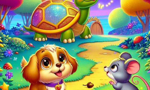 Biscotte, un petit chien caramel aux yeux pétillants et à la queue frétillante, se tient au centre d'une clairière, le museau levé vers le ciel violet, affichant une expression de joie. À sa droite, Miette, une souris grise avec de grandes oreilles, le regarde avec admiration, prête à l'accompagner. En arrière-plan, Dame Emeraude, une tortue géante au dos scintillant, observe la scène avec bienveillance. La clairière est entourée d'arbres colorés et de lucioles, avec un chemin de fleurs menant à une porte magique en bois. Biscotte, excité, vient de découvrir cette porte mystérieuse qui ouvre sur un monde enchanteur.
