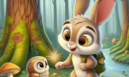 Noisette, un lapin aux grandes oreilles au pelage brun clair tacheté de blanc, se tient au centre de la scène, curieux d'une plume dorée qu'il tient dans ses pattes. À sa droite, Plume, une chouette beige aux grands yeux ronds, est perchée sur une branche, inquiète mais prête à aider. La scène se déroule dans la Forêt aux Brumes, entourée de grands arbres majestueux, de champignons lumineux et d'un ruisseau scintillant. Noisette et Plume sont déterminés à résoudre l'énigme de la plume dorée et à retrouver la pierre magique disparue.