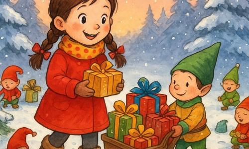 Une fillette de 6 ans aux deux nattes et manteau rouge tient une petite boîte brillante en souriant dans une clairière enneigée au coucher du soleil; un lutin masculin nommé Tino (≈40 cm, bonnet vert) tient un traîneau débordant de paquets scintillants pendant que plusieurs lutins en rouges, verts et or déposent des cadeaux près des sapins enneigés, créant une ambiance chaleureuse et magique malgré le froid, avec flocons lumineux et empreintes minuscules.