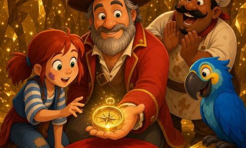 Capitaine Octave, homme d’une cinquantaine d’années au visage rond et barbe poivre et sel, veste rouge longue et chapeau de pirate brun, tient un petit compas doré brillant ; Marinette, fille d’environ 10 ans aux cheveux roux en couettes et une tache de confiture sur la joue, accroupie et la main tendue vers le compas ; Gédéon, cuisinier trapu d’une quarantaine d’années, tablier tâché et moustache en guidon, rit et applaudit en arrière-plan ; grand perroquet bleu perché à droite, plume vive et œil malicieux ; scène dans l’intérieur d’une caverne dorée aux parois scintillantes et milliers de petites lumières comme des étoiles, sol de sable fin et coussin de velours rouge sous le compas ; moment de découverte avec la lumière chaude du compas illuminant les visages, atmosphère joyeuse et solidaire, composition centrée sur le capitaine et couleurs chaudes dorées et rouges, style doux et rond type cel-shading 3D.