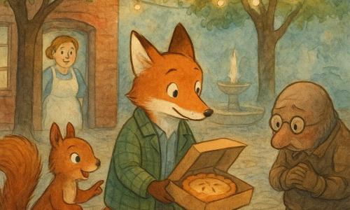 Félix, renard détective au centre, curieux et rassuré, museau pointu et pelage roux avec touches blanches, tient une boîte en carton ouverte contenant une tarte aux pommes dorée; à gauche Zoé, petite écureuil vive et malicieuse, noisette, queue touffue, pointe la boîte en souriant; à droite Monsieur Taupe, vieux taupe penaud aux lunettes rondes basses et gants de jardinage, légèrement courbé, mains jointes et regard contrit; en arrière-plan Madame Brioch’, boulangère souriante en tablier farineux, regarde la scène depuis l’entrée de sa boulangerie en brique; lieu : placette pavée au crépuscule avec pavés humides, fontaine, trois tilleuls formant une canopée, guirlandes lumineuses et bancs en bois; moment : découverte et restitution de la tarte, réconciliation et vérité, composition chaleureuse et intime, lumières douces, textures aquarelle et palette de tons chauds; détails : miettes, fil bleu nuit accroché à un seau et traces fines de roulettes sur les pavés.
