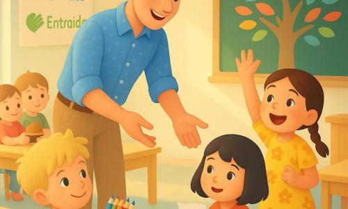 Un instituteur souriant et bienveillant, cheveux châtains courts, chemise bleue à pois blancs, tend la main vers un paquet de crayons tandis que Lili, environ 6 ans, en robe jaune à fleurs, lève la main avec enthousiasme à sa droite, Tom, assis au premier plan à gauche, montre fièrement le paquet retrouvé, Nina est accroupie devant une table en tenant une lettre froissée, et Lucas et Ana, côte à côte à l’arrière, partagent un petit chapeau de poupée ; la classe lumineuse et colorée, grandes fenêtres, tables en bois clair disposées en îlots, tableau noir décoré d’un arbre en papier et feuilles multicolores avec des mots en lettres rondes, et un grand poster des règles (rose pour la politesse, bleu pour l’écoute, vert pour l’entraide avec pictogrammes) ; la scène capture le moment chaleureux du rendu des crayons, la classe réunie en cercle sous une douce lumière matinale, palette pastel et textures lisses.