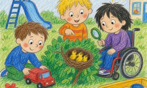 Trois garçons d'environ 6 ans dans un jardin d'école coloré : à gauche un garçon aux cheveux bruns courts, assis ramassant un petit camion rouge dans l'herbe ; au centre un garçon blond décoiffé, debout, pointant vers un nid dans un buisson ; à droite un garçon en fauteuil roulant aux cheveux noirs mi-longs, observant les oisillons avec une loupe jouet ; grand bac à sable jaune au premier plan, toboggan bleu à l'arrière, quelques fleurs et un soleil souriant ; scène joyeuse et douce, style dessin d'enfant aux couleurs vives, focus sur le camion rouge, le nid brun avec trois oisillons jaunes et les regards amicaux des enfants.
