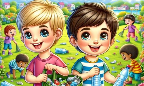 Deux garçons de 8 ans, Tom et Léo, se trouvent dans un parc ensoleillé. Tom, blond avec des yeux pétillants, sourit en tenant un sac de recyclage rempli de déchets. Léo, brun et souriant, ramasse une bouteille en plastique. Le parc est coloré avec des fleurs, des arbres et un ciel bleu, tandis que d'autres enfants rient et nettoient ensemble. La scène illustre leur effort collectif pour protéger la nature.