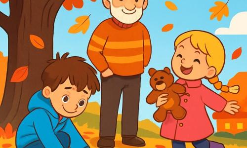 Il y a trois personnages : Mathis, un garçon de 7 ans aux cheveux bruns en bataille, portant un manteau bleu vif et des bottes jaunes, accroupi pour ramasser une feuille dorée ; Zoé, une fille de 5 ans avec de longs cheveux blonds tressés, vêtue d'un manteau rose et de bottes violettes, dansant joyeusement avec un doudou ours ; et Papi, un homme âgé aux cheveux gris et à la barbe, en pull rayé et chapeau en feutre, se tenant près d'un grand chêne, souriant en observant les enfants. La scène se déroule dans un jardin d'automne, rempli de feuilles colorées, avec un sol tapissé de feuilles rouges, oranges et jaunes, et une maison chaleureuse en arrière-plan. Mathis et Zoé s'amusent à ramasser des feuilles pour créer un tableau d'automne, tandis que Papi les encourage avec un sourire bienveillant. Les enfants rient et s'émerveillent devant les couleurs éclatantes, capturant la magie de cette belle journée d'automne.