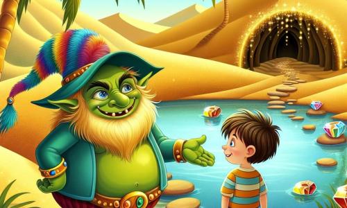 Un ogre souriant nommé Oscar, avec une peau verte, des yeux malicieux et un grand chapeau coloré, montre un chemin à Léo, un jeune garçon d'environ 10 ans, aux cheveux bruns en désordre et portant un t-shirt rayé et un short. Ils se trouvent dans une oasis cachée au milieu d'un désert doré, entourés de palmiers et d'un étang reflétant le ciel bleu, avec des pierres précieuses scintillantes. Oscar et Léo se tiennent devant l'entrée d'une caverne mystérieuse, entourés de lianes, où Oscar invite Léo à entrer pour découvrir des trésors et des merveilles.