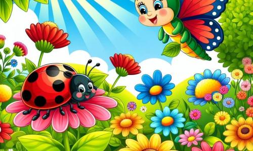 Illustration d'une coccinelle rouge joyeuse volant au-dessus d'un jardin coloré rempli de fleurs éclatantes. À ses côtés, un papillon bleu et jaune souriant vole gracieusement, tandis qu'une fourmi dynamique porte une feuille avec détermination. Le jardin luxuriant est baigné de lumière, avec des fleurs de toutes les couleurs sous un ciel bleu clair. La scène montre la coccinelle, le papillon et la fourmi unis dans une belle amitié, découvrant les merveilles de leur jardin, symbolisant la diversité et l'harmonie. D'autres éléments incluent des fleurs vives, des feuilles brillantes et un ciel ensoleillé, représentant la joie et l'unité.