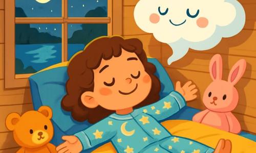 Une petite fille de 6 ans, Lucie, aux cheveux châtains bouclés et aux yeux pétillants, est allongée sur son lit moelleux avec un sourire apaisé. Elle porte un pyjama doux aux motifs d'étoiles et de lunes, les bras étendus comme si elle flottait. À côté d'elle, un nuage magique, souriant et bienveillant, chuchote des mots doux pour l'aider à se détendre. La scène se déroule dans une cabane chaleureuse avec des murs en bois clair et des fenêtres laissant entrer la lumière de la lune. Le lit est entouré de peluches colorées et d'un tapis moelleux, tandis qu'à l'extérieur, un lac scintille sous le ciel étoilé, créant une atmosphère paisible. Lucie respire profondément, les yeux fermés, enveloppée par l'ambiance de calme et de bien-être.