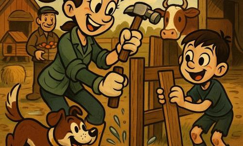 Claire, agricultrice souriante et concentrée, queue de cheval, veste verte et bottes boueuses, plante un piquet de clôture au marteau ; à sa droite Milo, 8 ans, enthousiaste et un peu mouillé, tient une planche près du clou ; derrière à gauche, Monsieur Karim, une quarantaine d'années, casquette, tient une caisse de pommes et sourit ; au premier plan, Tao, chien brun et blanc, remue la queue en éclaboussant une flaque ; Noisette la vache se tient paisiblement près de l'étable ouverte. La cour de la ferme après l'averse montre boue brillante, flaques réfléchissantes, outils et bottes de foin, poulailler peint et hangar en tôle perlant, ciel partiellement dégagé avec rayons de soleil ; scène de réparation de clôture conviviale, chaleureuse et dynamique, aux couleurs chaudes, traits simplifiés et textures visibles.