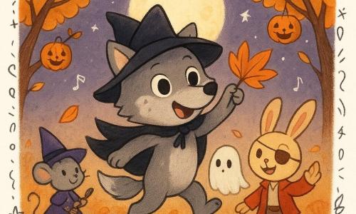 Petit loup anthropomorphe au pelage gris clair et taches blanches, cape noire et chapeau pointu trop grand, saute joyeux en agitant des feuilles orange; à ses côtés un petit fantôme drap translucide aux yeux timides flotte, derrière lui un lapin pirate à l'oreille levée, cache-œil marron, veste rouge et sabre en bois rit en agitant la patte, et une souris sorcière grise en robe violette étoilée tient un balai; la clairière sous une grande lune ronde, arbres aux feuilles dorées, tapis de feuilles froissées, lanternes-citrouilles suspendues et légère brume; scène nocturne d'Halloween chaleureuse et colorée (oranges, violets, gris), style dessin enfantin aux contours nets et textures feutrées, composition centrée sur le groupe avec petits doodles d'étoiles, feuilles et notes de musique.