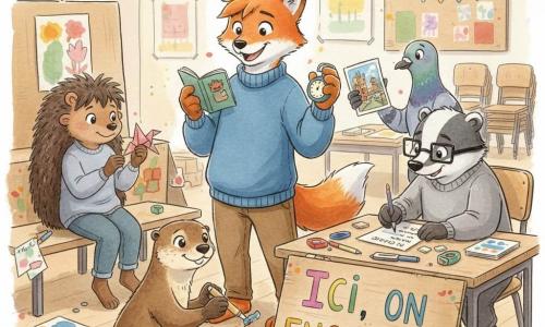 Malo, jeune renard anthropomorphe au pelage roux et sweat bleu trop grand, tient un carnet et un minuteur, l'air un peu embarrassé mais bienveillant, au centre; Aya, hérissonne timide à peau brune et cheveux courts, sourit et tient un origami inachevé assise à gauche; Nino, blaireau studieux aux lunettes carrées et pelage gris et blanc, écrit des consignes à droite; Lila, loutre joyeuse à fourrure brune, peint « Ici, on encourage » accroupie devant la table; Karim, pigeon voyageur gris bleu au regard curieux, montre des photos derrière la table; décor : salle de classe transformée en stand de fête avec tables décorées, feutres, guirlandes, panneaux peints et papiers au sol; scène collaborative et chaleureuse où les enfants animaux découpent, plient et discutent, rendu aquarelle doux à contours fins.