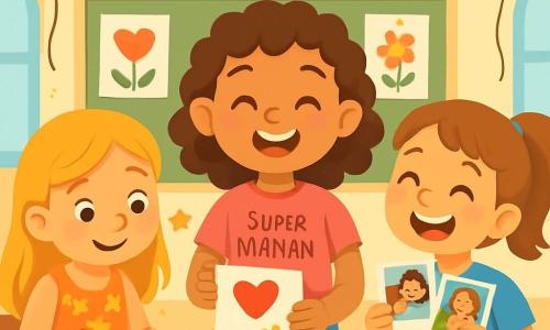 Il y a trois personnages : Élise, une fille de 8 ans avec des cheveux bouclés et bruns, portant un t-shirt rose "Super Maman", souriante au centre avec une lettre colorée ; Zoé, à gauche, avec des cheveux lisses et blonds, en robe à fleurs, dessinant un grand cœur ; et Lola, à droite, avec des cheveux châtains en queue de cheval, en t-shirt bleu, tenant des photos de moments passés avec sa maman. La scène se déroule dans une salle de classe décorée pour la fête des mères, avec des banderoles, des ballons et des créations artistiques. Les trois amies préparent un spectacle surprise pour leurs mamans, Élise lit son poème tandis que Zoé et Lola l'écoutent, ravies.