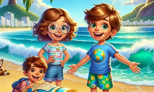 Louis, un garçon de 8 ans aux cheveux châtains et aux yeux curieux, se tient sur une plage de sable doré avec un grand sourire. Il porte un t-shirt bleu avec un globe terrestre et un short coloré, tenant une carte au trésor, les yeux fixés sur un coffre mystérieux dans le sable. À ses côtés, sa meilleure amie Zoé, également âgée de 8 ans, aux cheveux bouclés et lunettes rondes, s'agenouille près du coffre, émerveillée. Elle porte une robe légère à fleurs. En arrière-plan, Maxime, un garçon aux cheveux blonds et à la peau bronzée, lève les bras en signe de victoire, souriant à ses amis. La scène se déroule sur la plage de Copacabana à Rio de Janeiro, avec des palmiers, des vagues turquoise et la statue du Christ Rédempteur en arrière-plan. Louis et ses amis découvrent un coffre au trésor, vivant une aventure inoubliable.