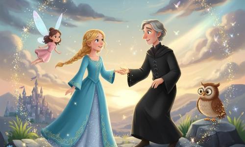 Princesse Élodie (≈10 ans) souriante, robe bleu ciel brodée d’or, cheveux blonds tressés, tend la main droite au sorcier Grimbald (≈45 ans, surpris et attendri, robe noire éclaircie aux bords, cheveux grisonnants) qui l’accepte timidement en reculant sur un rocher ; la fée Lila vole à gauche avec des ailes translucides irisées et une robe rose pâle, lançant des étincelles dorées formant un arc lumineux ; Sir Armand, hibou conseiller aux grosses lunettes et plumes brunes, est perché à proximité et observe sagement ; décor : sommet de montagne sombre aux nuages qui se dissipent, pierres grises, touffes d’herbe, fleurs lumineuses et au loin le château de Lumiville sous des rayons de soleil ; scène centrale : réconciliation — la princesse offre la lumière, le sorcier l’accepte, des faisceaux colorés et petites fées forment un bouclier lumineux dissipant la tempête, ambiance chaleureuse, couleurs vives et contrastes nets, style enfantin.