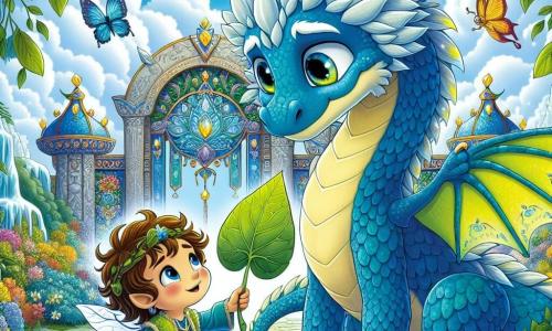 Un dragon majestueux nommé Flammèche, avec des écailles bleues et des yeux gentils, se tient au centre de l'image, prêt à aider un ami. À ses côtés, un farfadet nommé Pixi, un petit garçon aux cheveux ébouriffés, admire Flammèche tout en pointant une feuille géante qui l'a piégé. En arrière-plan, un sanctuaire magique avec une porte ornée de pierres précieuses, des fleurs scintillantes et des rivières de limonade est visible sous un ciel bleu parsemé de nuages. Flammèche libère Pixi de la feuille géante, illustrant l'amitié et le courage, tandis que des papillons géants dansent autour d'eux.