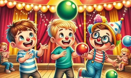 Trois garçons de 8 ans, Léo, Tom et Max, se trouvent au centre d'une grande tente de cirque colorée. Léo, avec des cheveux bruns et un t-shirt bleu, rit en tenant une balle rouge. Tom, blond et portant un chapeau de clown, s'apprête à lancer une balle verte. Max, avec des lunettes rondes et un t-shirt rayé, court après une balle sous une chaise. La scène se déroule sous une immense tente ornée de rayures rouges et jaunes, avec des lumières scintillantes et des spectateurs amusés. Les amis essaient de jongler avec des balles multicolores, provoquant des rires, et Léo fait accidentellement tomber sa balle dans un seau d'eau, éclaboussant tout le monde autour.