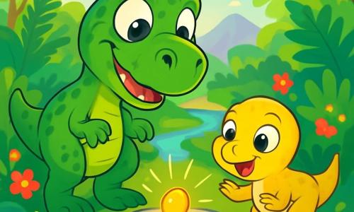 Un jeune Tyrannosaure Rex, aux écailles brillantes, se tient fièrement au centre de la scène, exprimant une curiosité joyeuse en observant une graine lumineuse sur une pierre. À ses côtés, sa petite sœur Nola, avec une peau jaune et des yeux pétillants, s'approche, émerveillée. En arrière-plan, une vallée luxuriante est remplie de fougères géantes, de fleurs colorées et d'un ruisseau scintillant. La lumière du soleil filtre à travers les feuilles, créant des ombres dansantes. Tyrio et Nola sont captivés par la magie de la graine qui commence à briller, promettant une aventure extraordinaire.