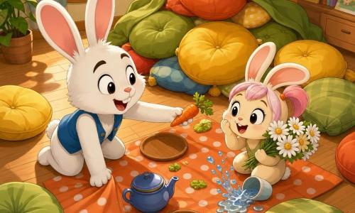 Rémi, grand lapin blanc aux oreilles roses, malicieux, en petit gilet bleu, arrange une nappe à pois orange et tend une carotte; Lila, petite lapine crème aux mèches roses et yeux ronds, surprise et joyeuse, tient un bouquet de marguerites et a renversé un gobelet d'eau qui éclabousse; autour, coussins colorés (jaune, vert, rouge) empilés en montagne, assiettes en bois, petite théière, miettes et feuilles de laitue sur la nappe; salon chaleureux et lumineux avec parquet clair, grande fenêtre ronde à rideaux rayés, plantes en pot et étagère de livres d'images, lumière douce du soleil; scène : pique-nique improvisé plein de rires, éclaboussures brillantes et montagne de coussins transformée en aventure, perspective en légère plongée.